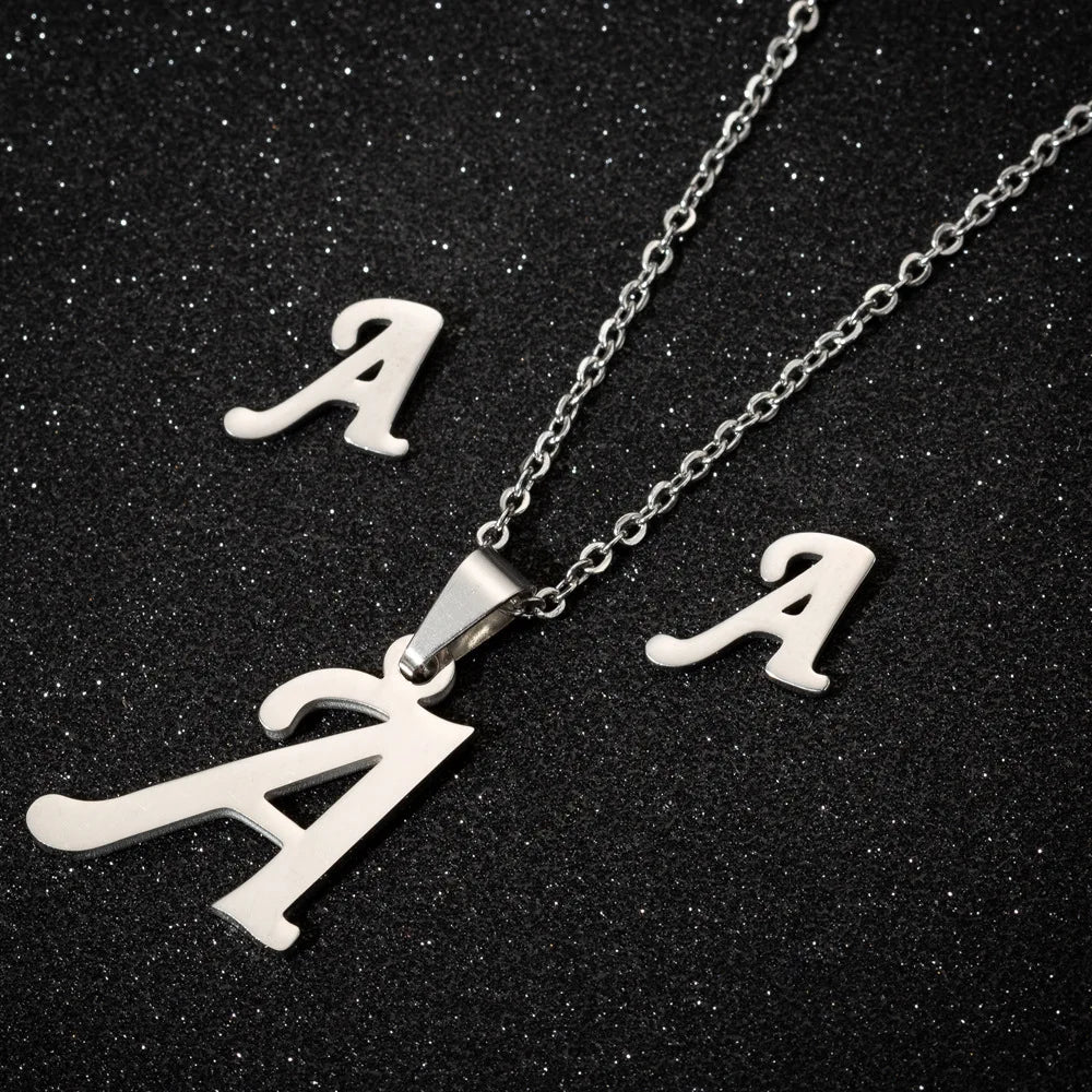 Initial Letter Pendant Necklace with Earring Set A-Z 26 Gold Plated Stainless Steel Letter Initial Necklaces for Women