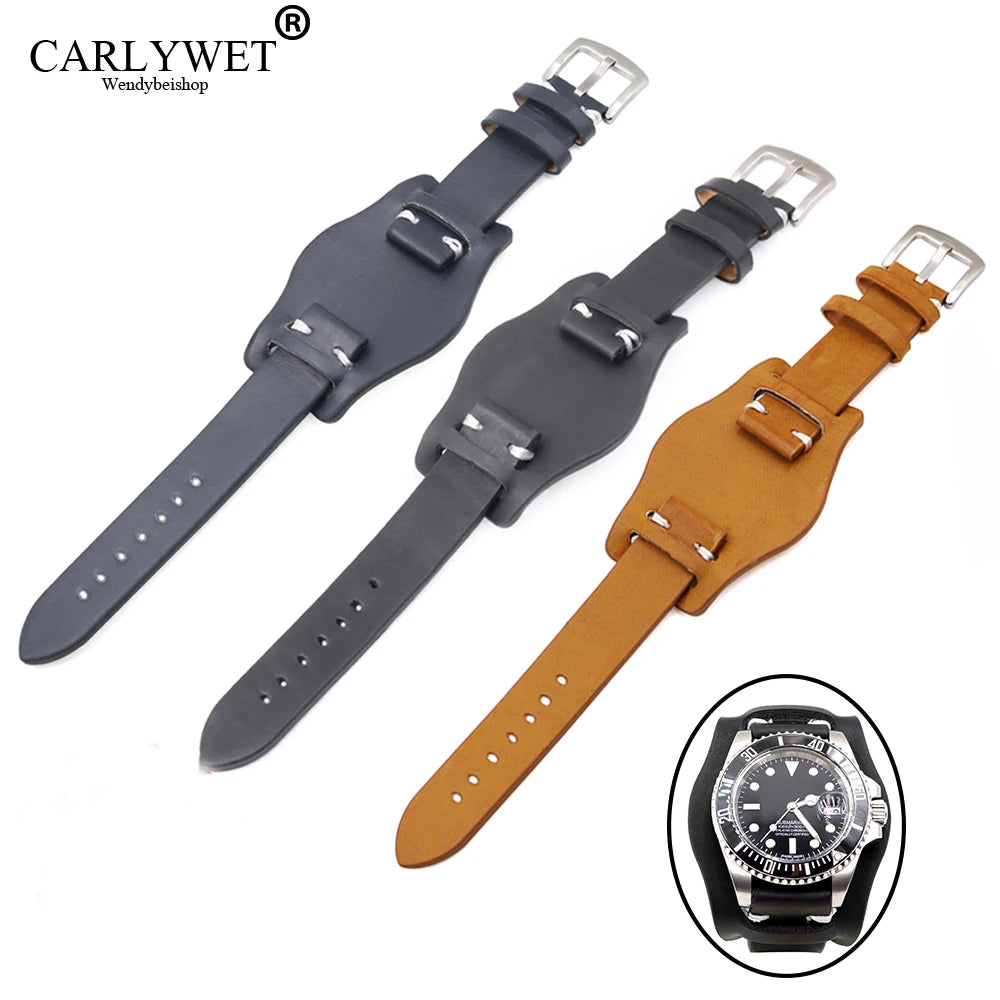 Rolamy New Style Custom 20mm Watch Band Strap Bracelet Smooth Black Brown Dark Blue Calf Cowhide Leather 316L Stainless Steel