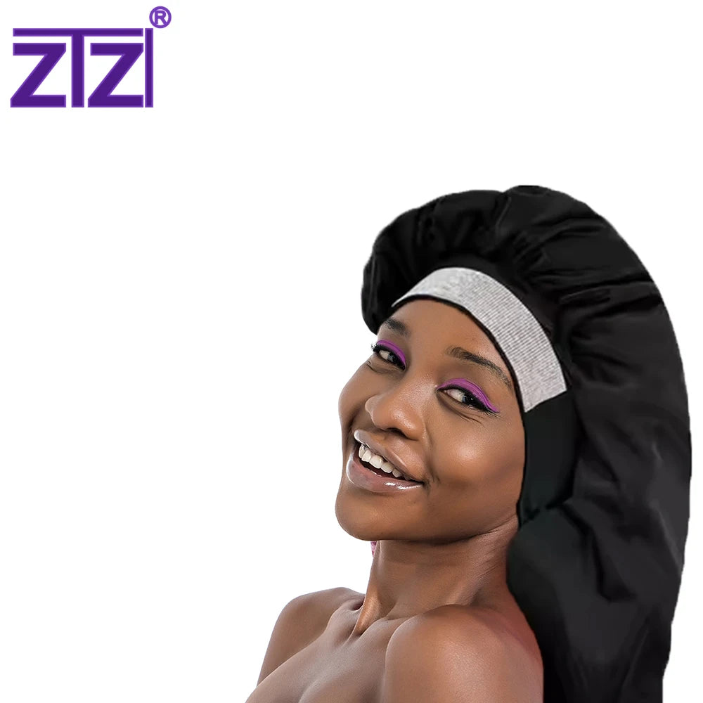 ZTZI Designer Long Bonnet Bling Hair Bonnet  For Women Stretch Wide Band  Cap Satin Bling Silk Bonnet Cap