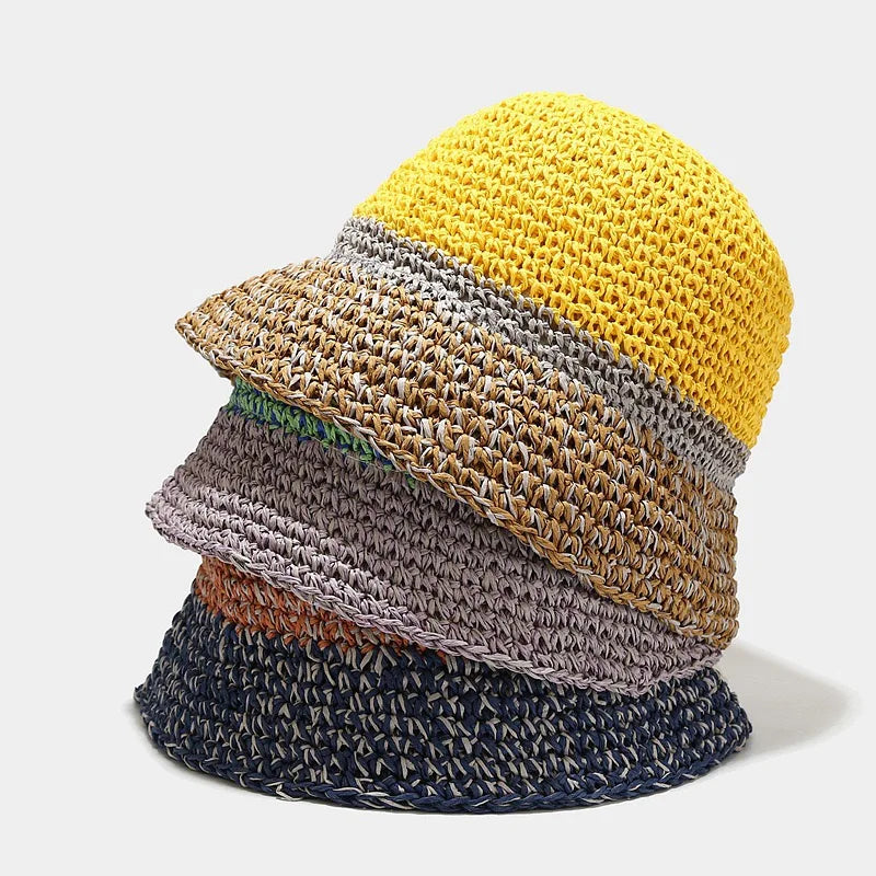 Custom Summer Outdoor Foldable SunHat Women Sun Hat Lady Hand Crochet Colour Paper Straw Bucket Hat