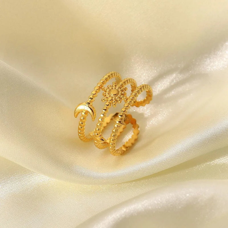 3 Layered Beaded Rings 18k Gold Plated Moon Star Opening Rings Custom Stainless Steel Finger Jewelry Ring for Women