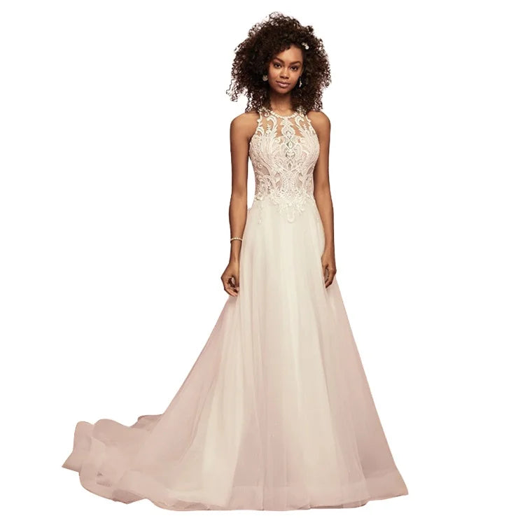 2023 Europe and the United States New Elegant Romantic Lace Sleeveless Hanging Neck Type Long Wedding Dress
