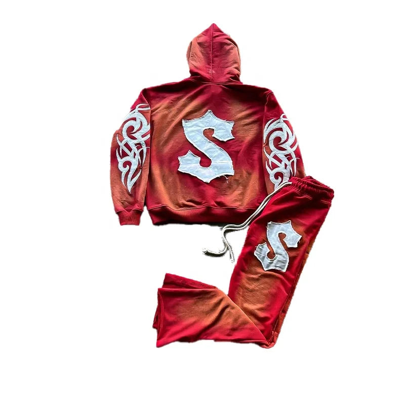 KY 380GSM Distressed Applique Embroidery Silk Hoody  Hoodie Satin Lined Hoodie and Sweats Set French Terry Hoodie 460 Gsm