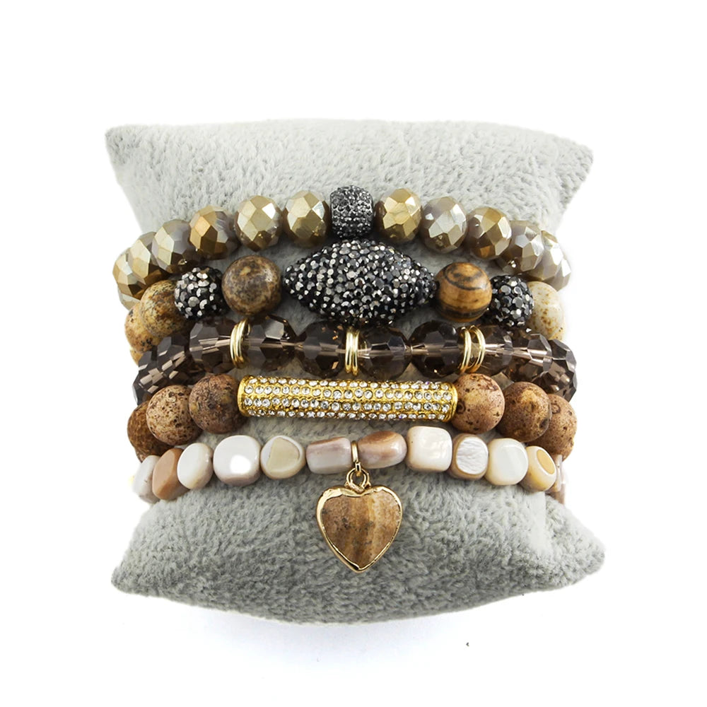 New Fashion Bohemian Women 5pcs Natural Stone Crystal Glass Bead Druzy Elastic Bracelet Drop Heart Charm Bracelet Set