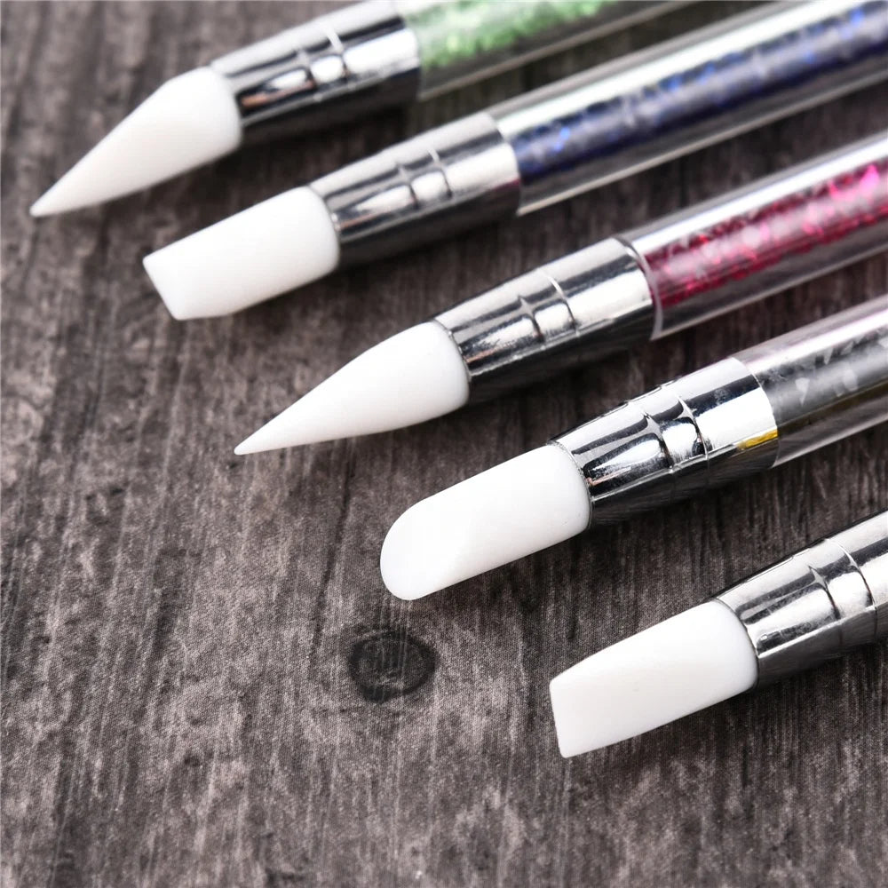 Kemeisi 2 Ways Silicone Nail Art Acrylic Pen Brushes Set Aluminum Ferrule Easy Apply Rhinestones Design Sculpture Carving 3D