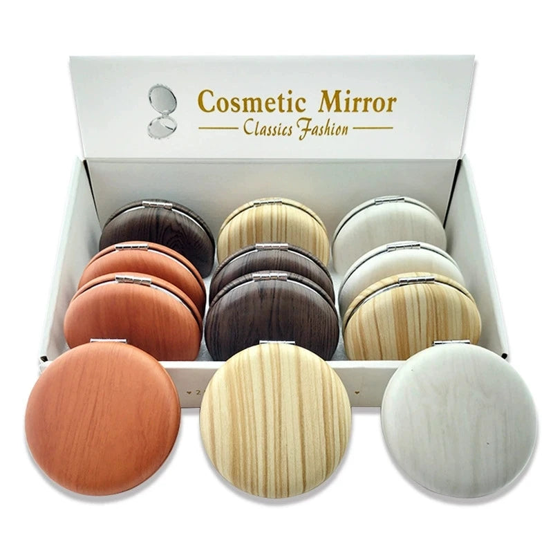 Private Label Wood Grain Round Double-sided Makeup Mirror Mini Round Compact Cosmetic Mirror