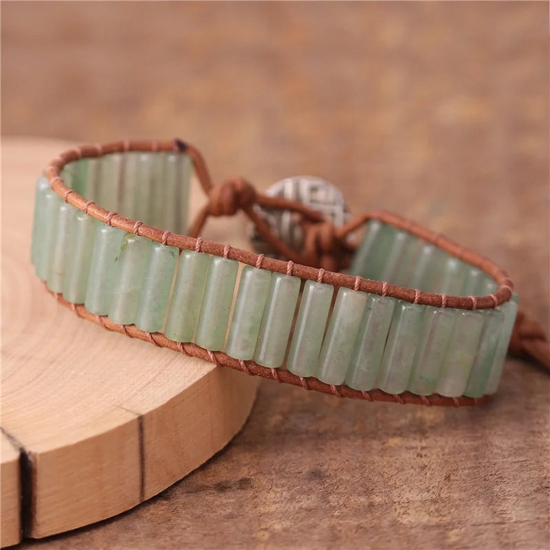 YueTong Unisex Natural Stone Tube Green Aventurine Beads Leather Wrap Bracelet Bohemian Gemstone Cuff Bracelet Jewelry Wholesale