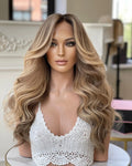 Russian Hair Wigs Balayage Highlight French Wave Lace Top Remy Hair Invisible Knots HD Lace Small Size Blonde Wig