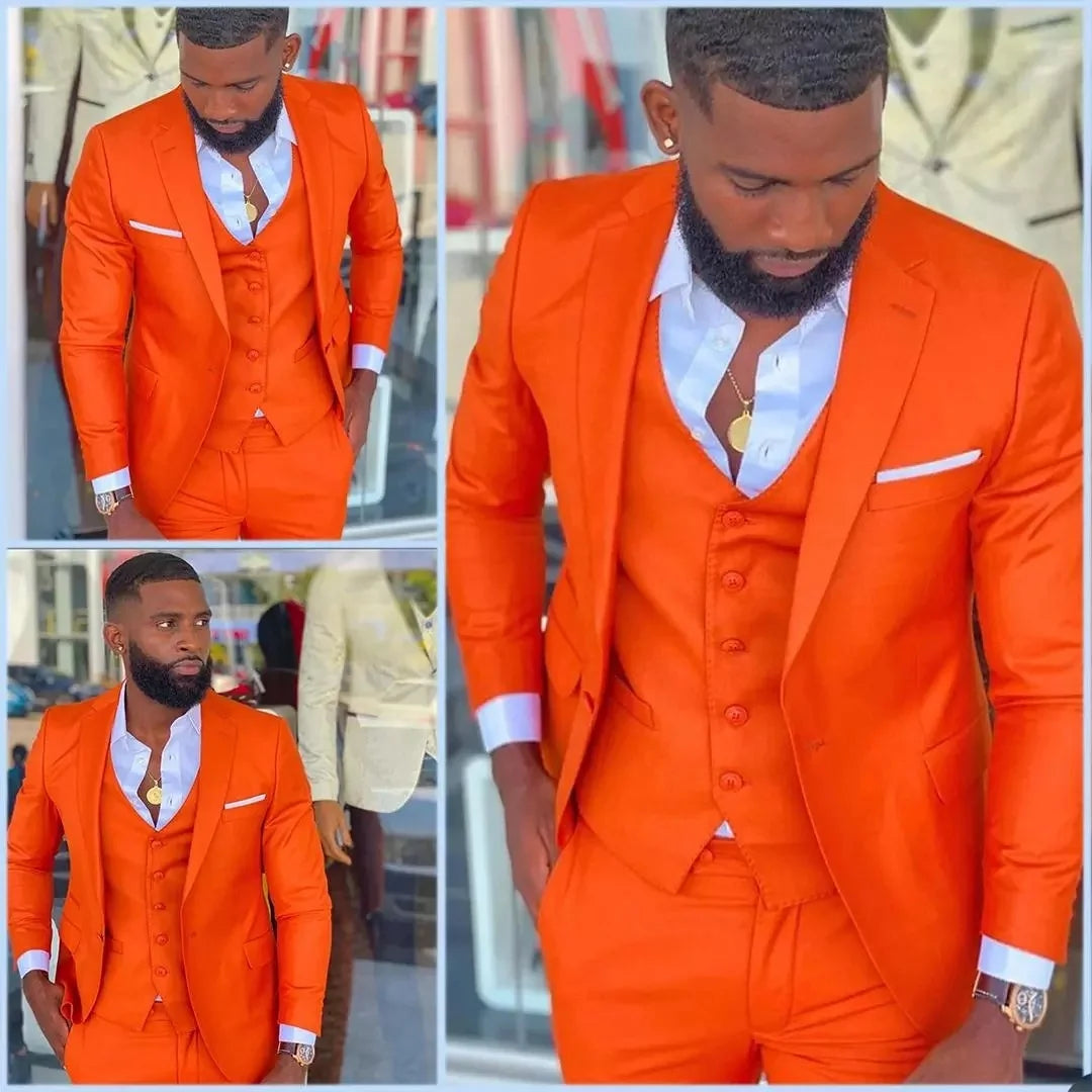 2025 New Orange Notch Lapel Men Suits Costume Homme Wedding Dress Tuxedos Terno Masculino Slim Fit Groom Prom Party Blazer 3 Pcs