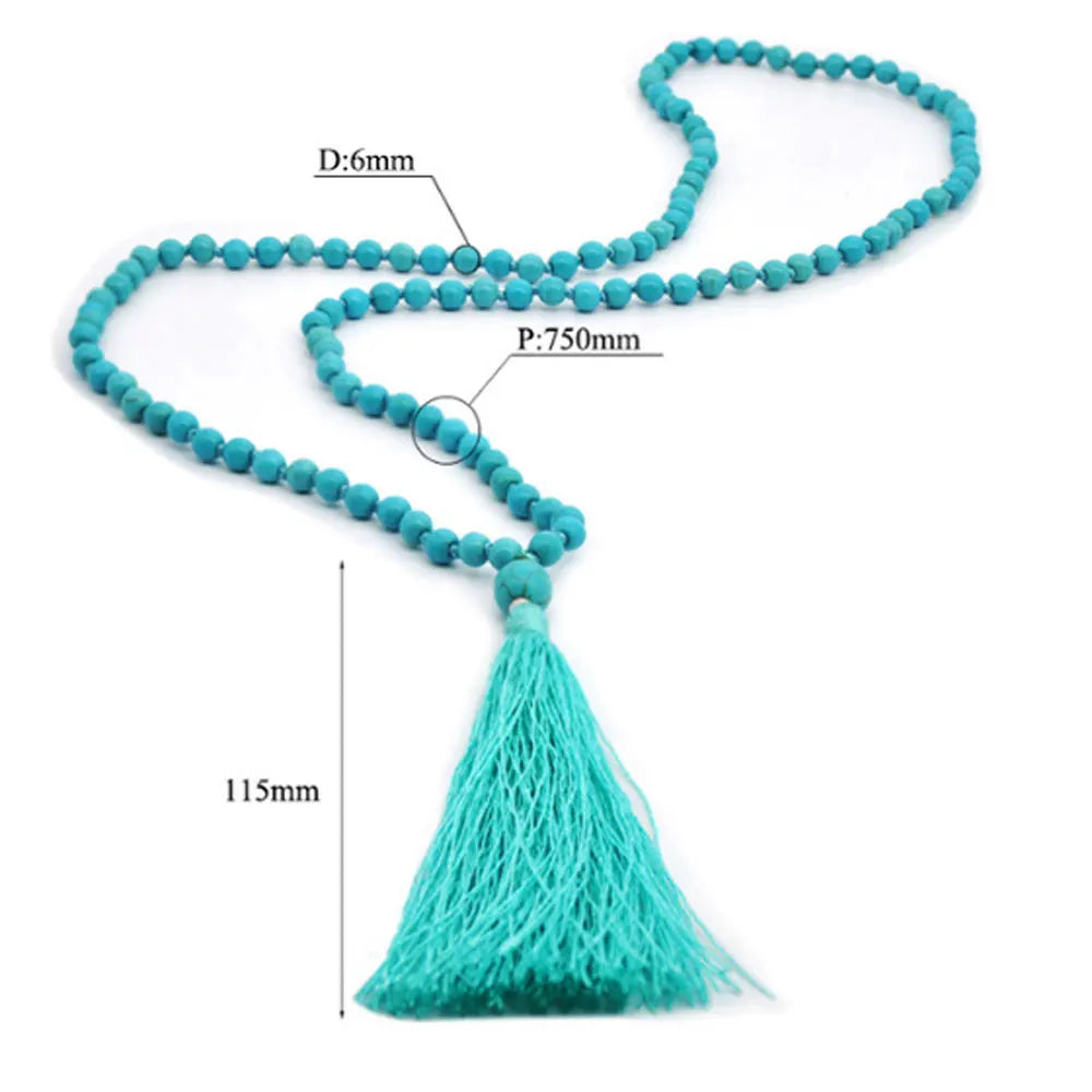 Fashion Handmade Women Bohemian 6mm Turquoise Stone Beads Tassel Pendant Necklace Jewelry