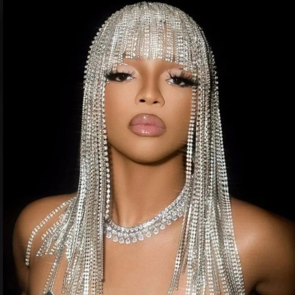 Personality Exaggerated Rhinestone Long Tassel Hair Hoop Headdress Punk Hair Hoop Body Chain Jewelry Stainless Steel