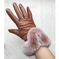 Factory Wholesale Sales Ladies Fashion Real Leather Gloves With Fur Cuffs for Autumn and Winter Warm Rabbit Fur Mittens  Women