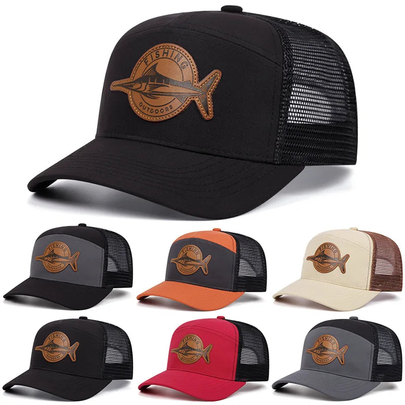 Wholesale Outdoor 6 Panel Mesh Back Outdoor Fishing Visor Leather Patch Trucker Hat for Men