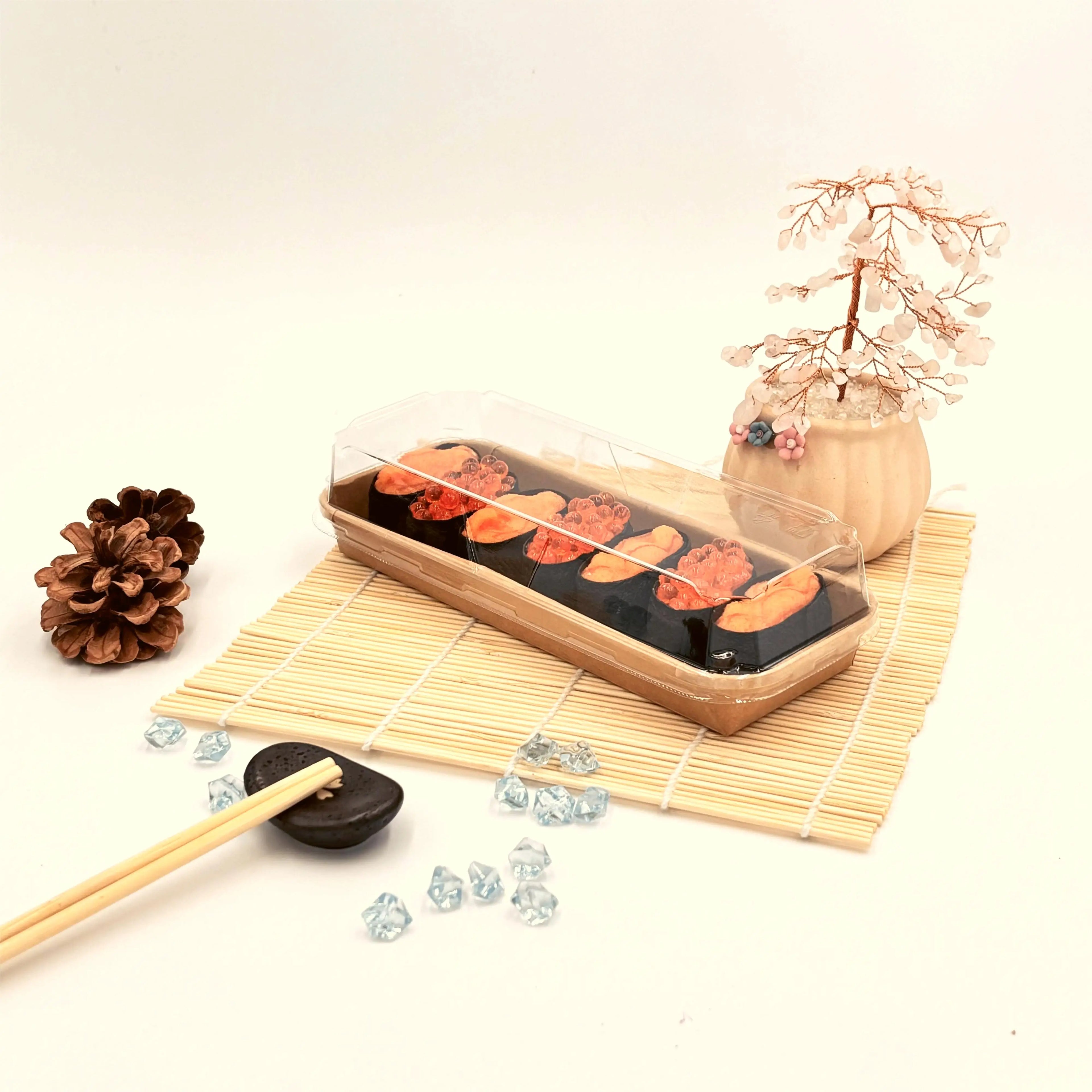 Japanese Style Disposable Recyclable Grease Resistant Kraft Paper Tray for Sushi and Pastry Packaging for Sugars