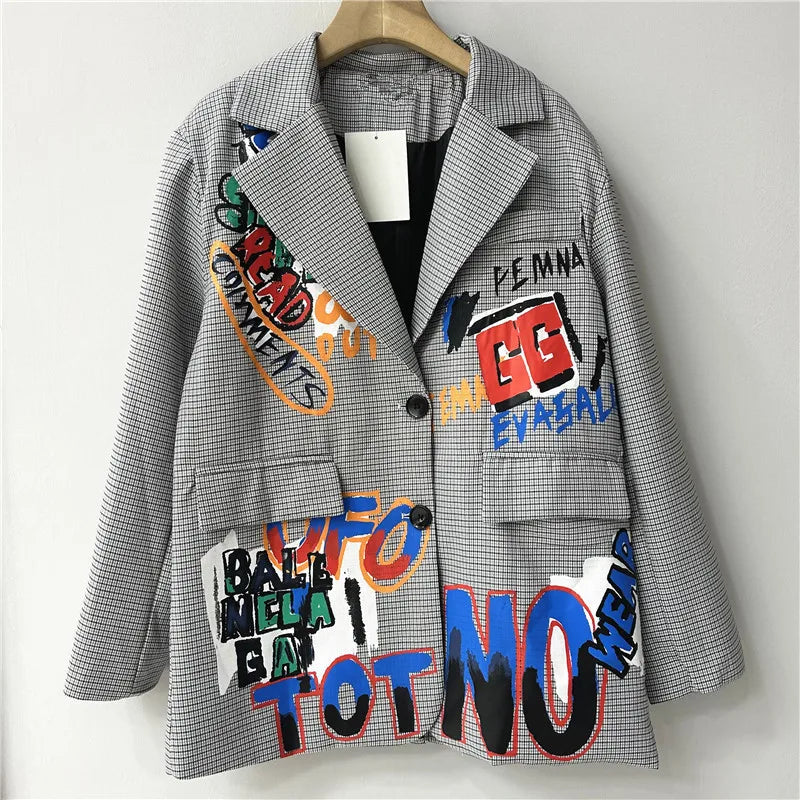 Boutique Wholesale 2024 Autumn New Fashion Design Sense Graffiti Grid Loose Women's Suit