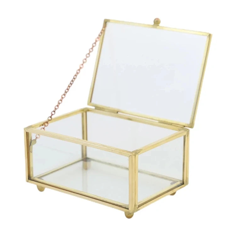 Rectangular Transparent Glass Jewelry Box Wedding Ring Box Geometric Clear Glass Jewelry Organizer Holder Tabletop Container