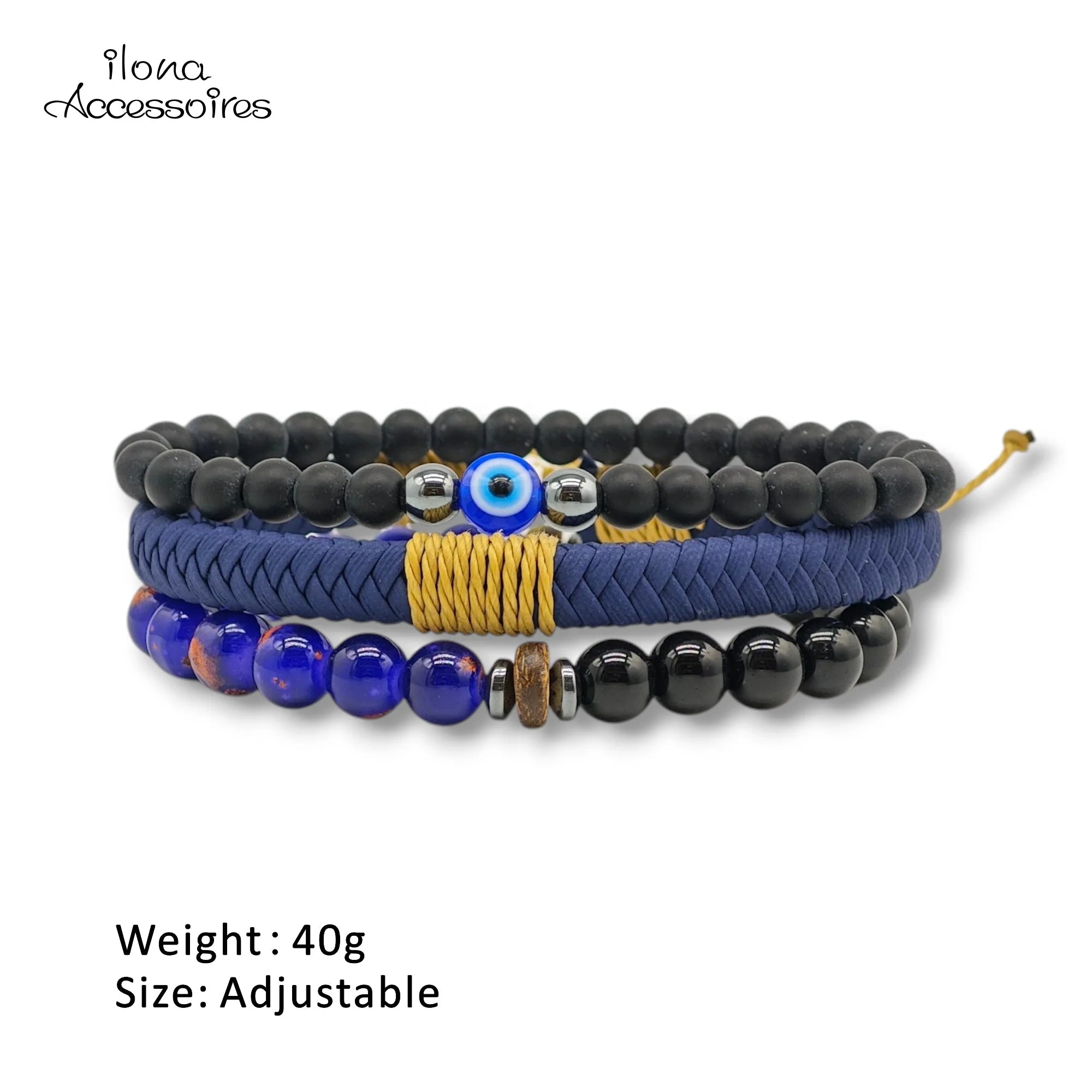 Ilona Eye Protection Men Bracelet Set Braided Blue Leather Natural Black Onyx Crystal Bead Turkish Amulet Jewelry Wholesale Gift
