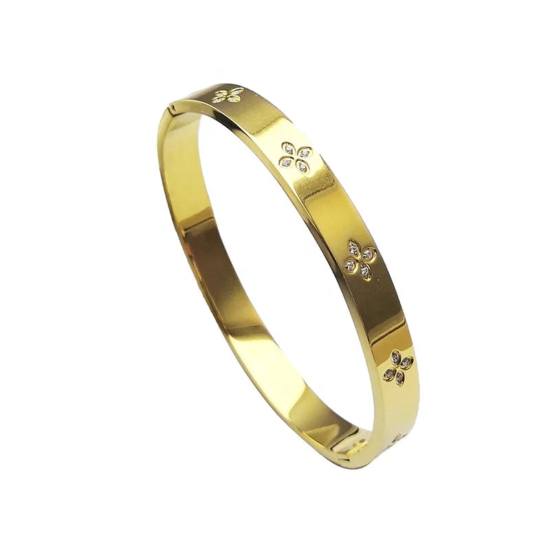 Fashion 18K Gold Plated Stainless Steel Jewelry Four Leaf Clover Zircon Bangle for Women Gifts Accessories Bracelet B222317