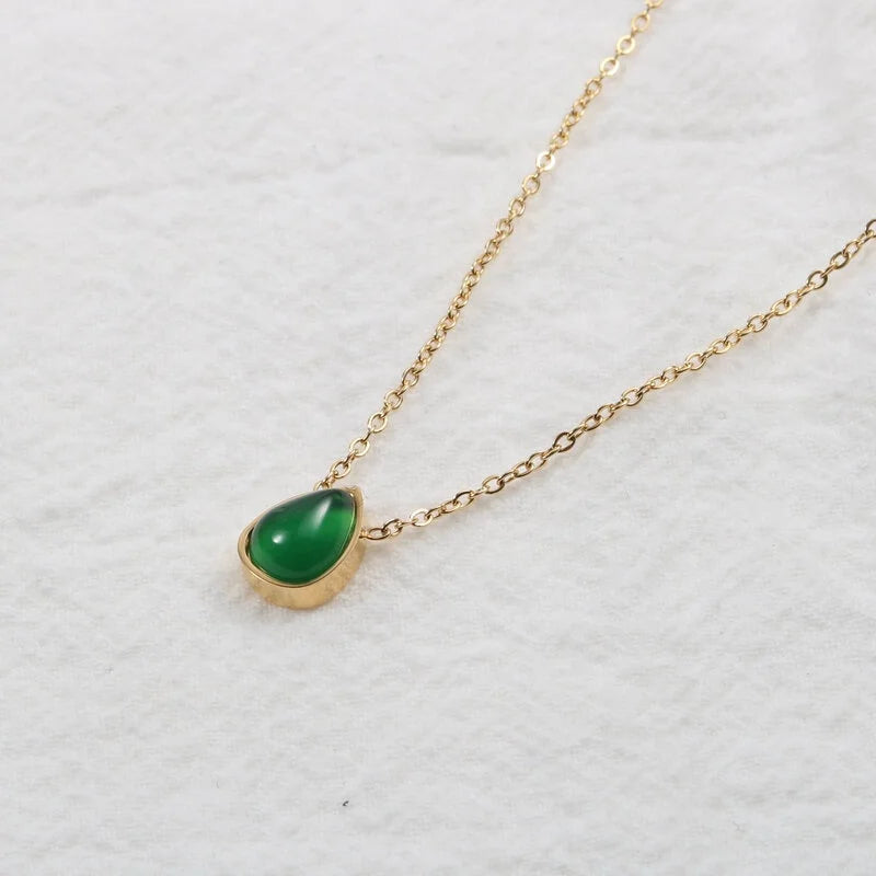 Beautiful Drop Shape Chrysoprase Stone Pendant Stainless Steel Women Necklace