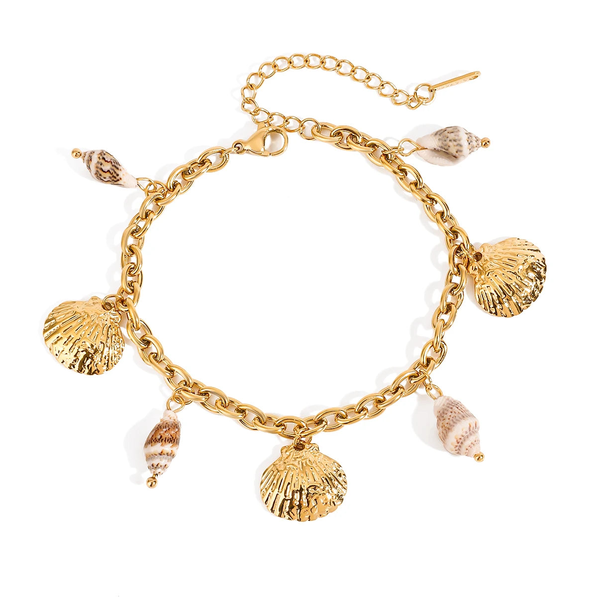 J&D Trendy Summer Stainless Steel Charm Bracelet 18K Real Gold Plated Ocean Texture Shell Periwinkle Geometric Pattern Stylish
