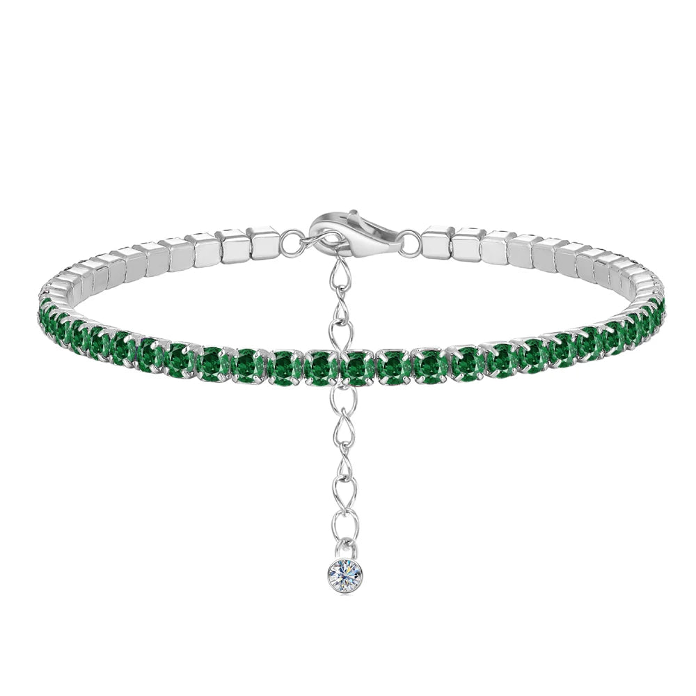 Fine Jewelry Cubic Zircon Adjustable Size Real S925 Sterling Silver Green Round 2.5mm Tennis Bracelet for Women Party Wedding