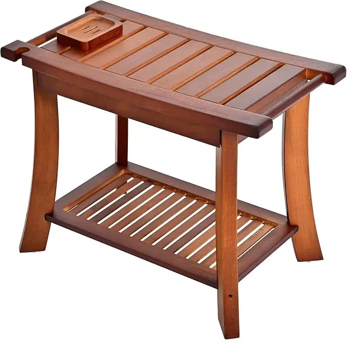 Custom Modern Bamboo Bench Stool 24 Inch Shower Bench with Storage Shelf for Bathroom