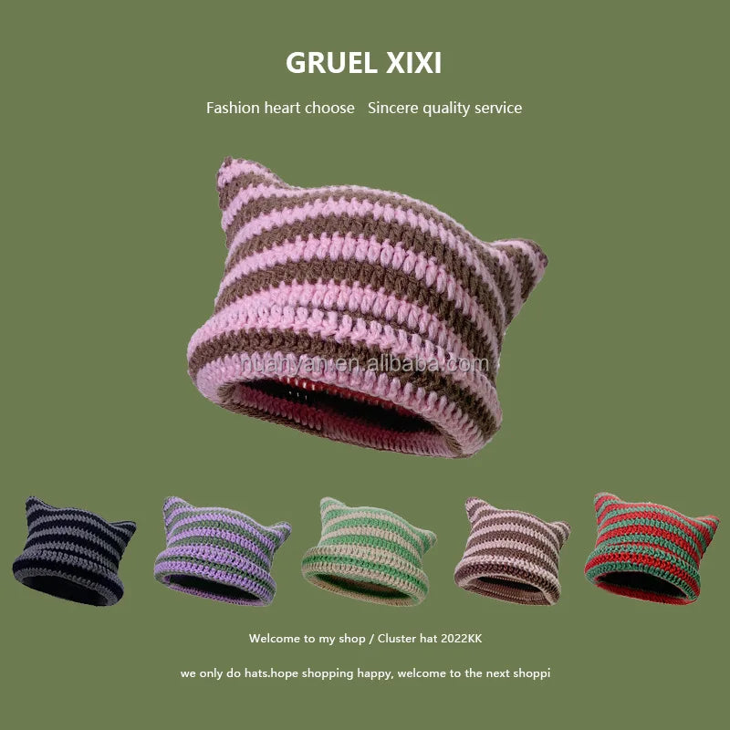 Contrasting Cowhorn Handwork Winter Crochet Hat Cat Ear Shape Cute Unisex Beanie Fashion Acrylic Knitted Hat for Women