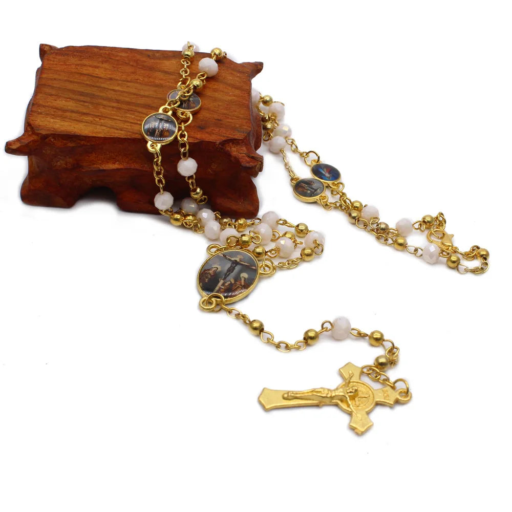 Fashion Hot Sale Muslim  Crystal Rosary Beads Electroplated Metal Cross Pendant Necklace