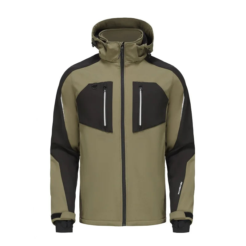 Winter Outdoor Wear Custom Design & Logo Color Block Stand Collar Hooded Waterproof Windproof Breathable Zipper Softshell Jacket