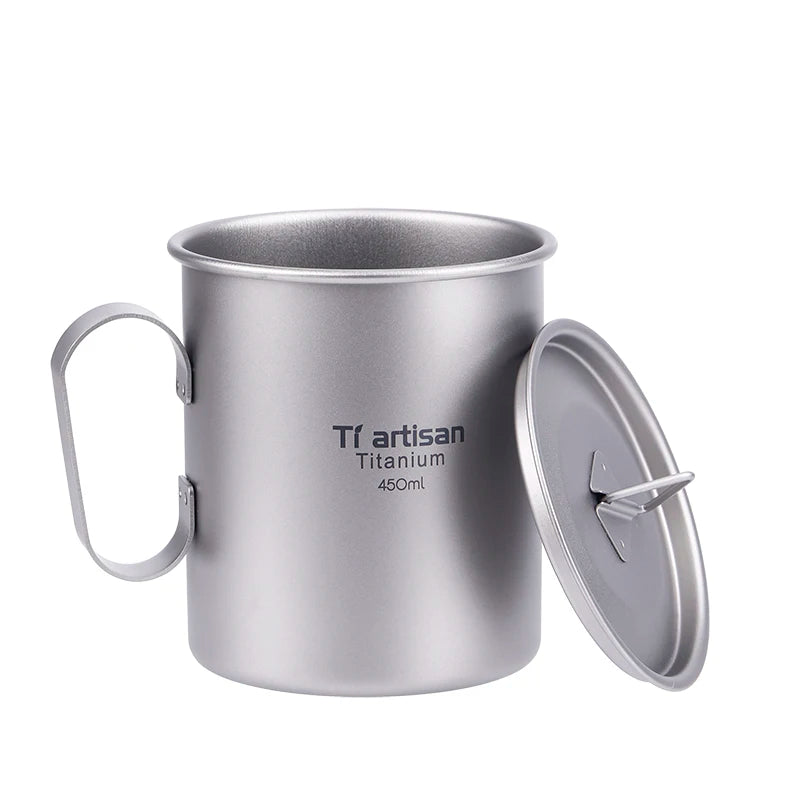 Portable Ultralight Titanium Coffee Mug with Fixed Handle 15.2oz/450ml for Camping Use
