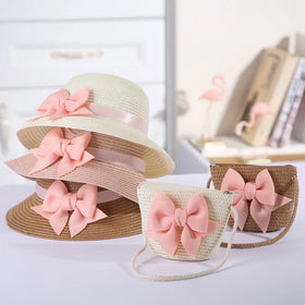 Children's Straw Hats Baby Girls Breathable Lace Cap Bow Beach Kids Princess Travel Sun Hat and Straw Bag Two Piece Sets