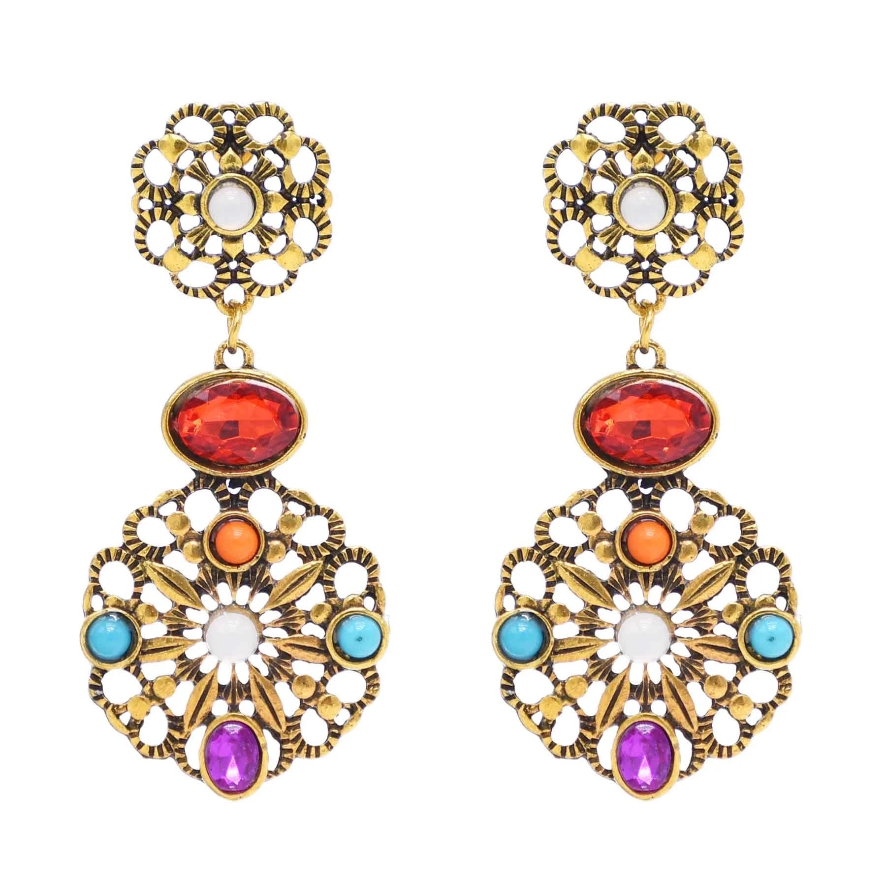 Vintage Gold Colorful Crystal Dangle Earrings for Women Party Gift Bohemian Ethnic Statement Earrings
