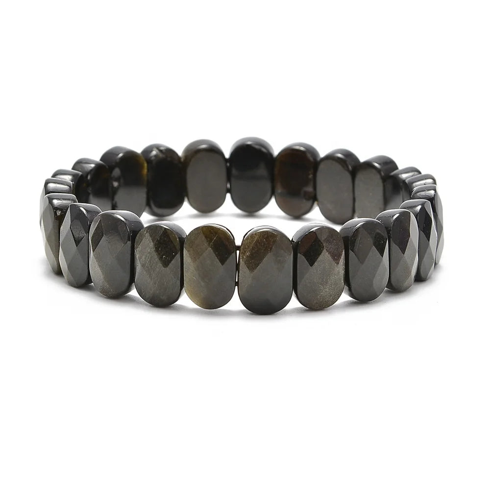 Gorgeous Gold Sheen Obsidian 7.5 Inch 8x14mm Faceted Oval Gemstone Elastic Beaded Bracelet Stone Bangle Bracelet