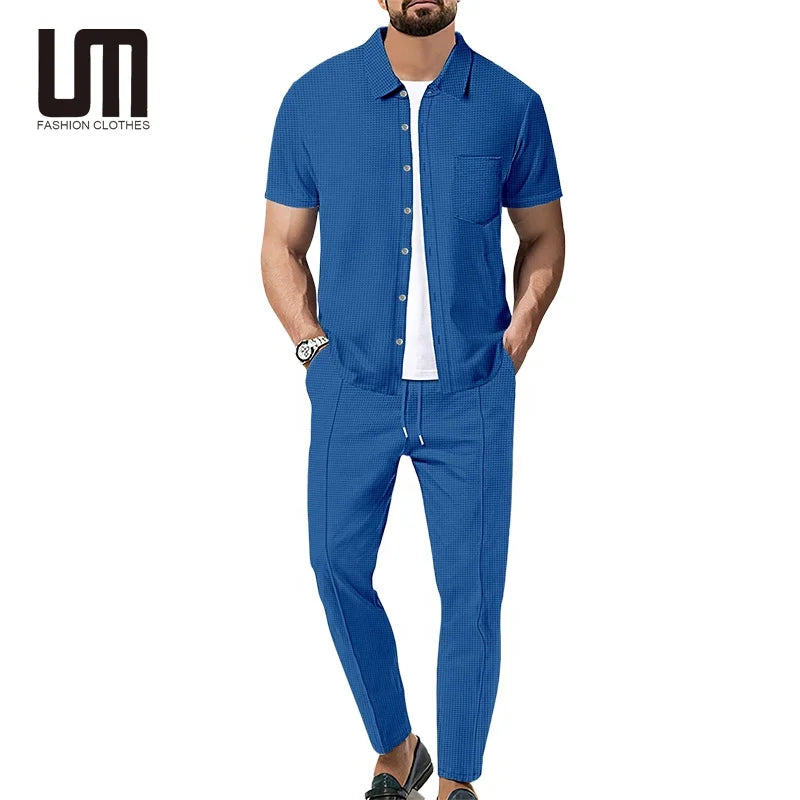 Liu Ming Custom New Style 2025 Summer Men Casual Outdoor Short Sleeve Button up T Shirts and Pants Set