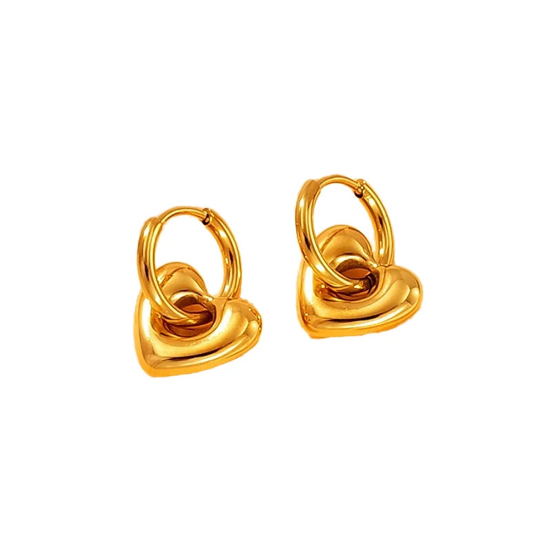 Wholesale Women's Tarnish-Free 18K Gold Plated Drop Heart Pendant Earrings Trendy Chunky Stainless Steel Huggies Hoop Jewelry
