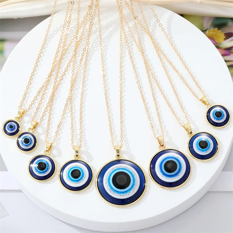 Diameter 10-30mm Ethnic Style Gold Silver Plated Turkish Big Blue Evil Eyes Pendant Necklace Jewelry for Women