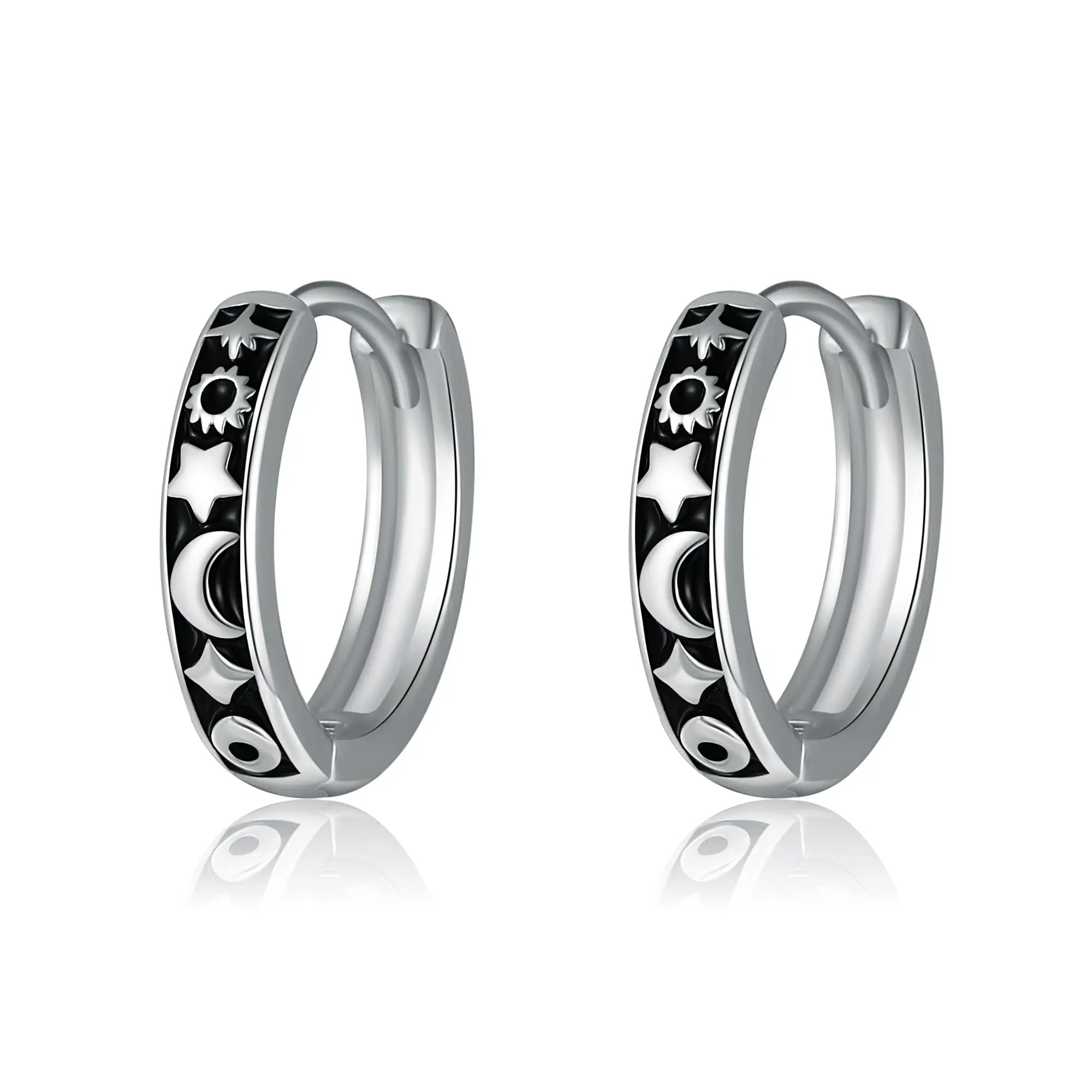 Black Rhodium Celestial Star Moon 925 Sterling Silver Small Hoop Earrings for Women
