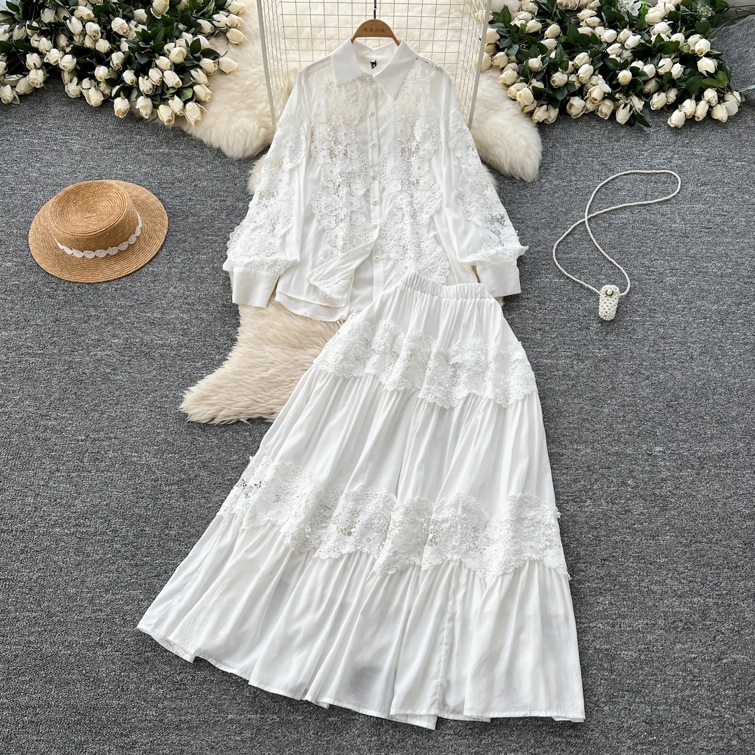 LW1131 Two Piece Ladies Set 2025 New Two-Piece Women'S Lace Embroidery Long-Sleeved Shirt High-Waisted Skirt Two-Piece-Set