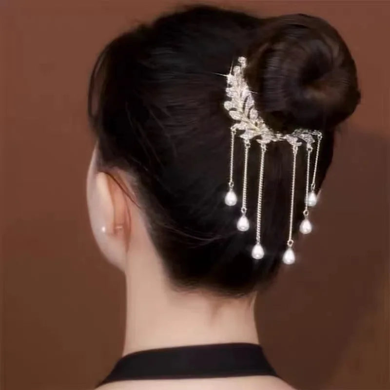 Light Luxury Wheat Ear Tassel Hair Clip Back of the Head Meatball Head Plate Hair Ponytail Buckle Clip Rhinestone Hair Claw