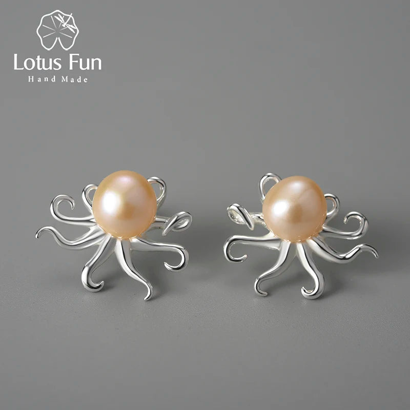 Lotus Fun Factory Price Pure 925 Sterling Silver 18k Gold Plated Octopus Ocean Elements Stud Earrings Fine Jewelry for Women