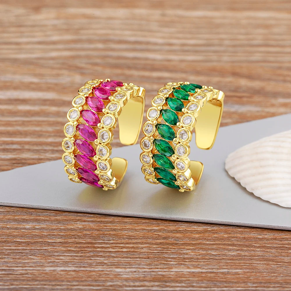 QIKU Trendy Water Drop Shape Colorful Rhinestone Opening Rings Copper Cubic Zircon Crystal Wedding Engagement Jewelry Wholesale