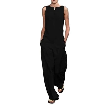 Women's Fashion Solid Color Loose Jumpsuit Summer Plus Size Cotton Casual Sleeveless Black Jumpsuit Jumpsuit Women