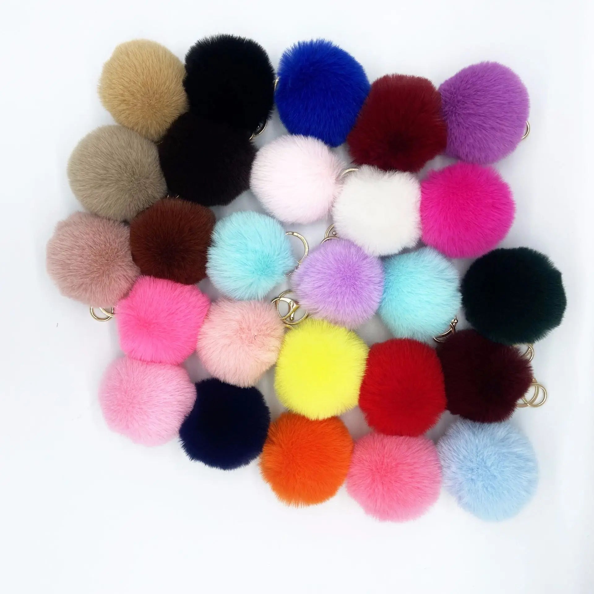 Fashion Stainless Steel Cute Puffy Bunny Fur Plush Fluffy Ball Pompom Key Ring Car Keychain Pendant