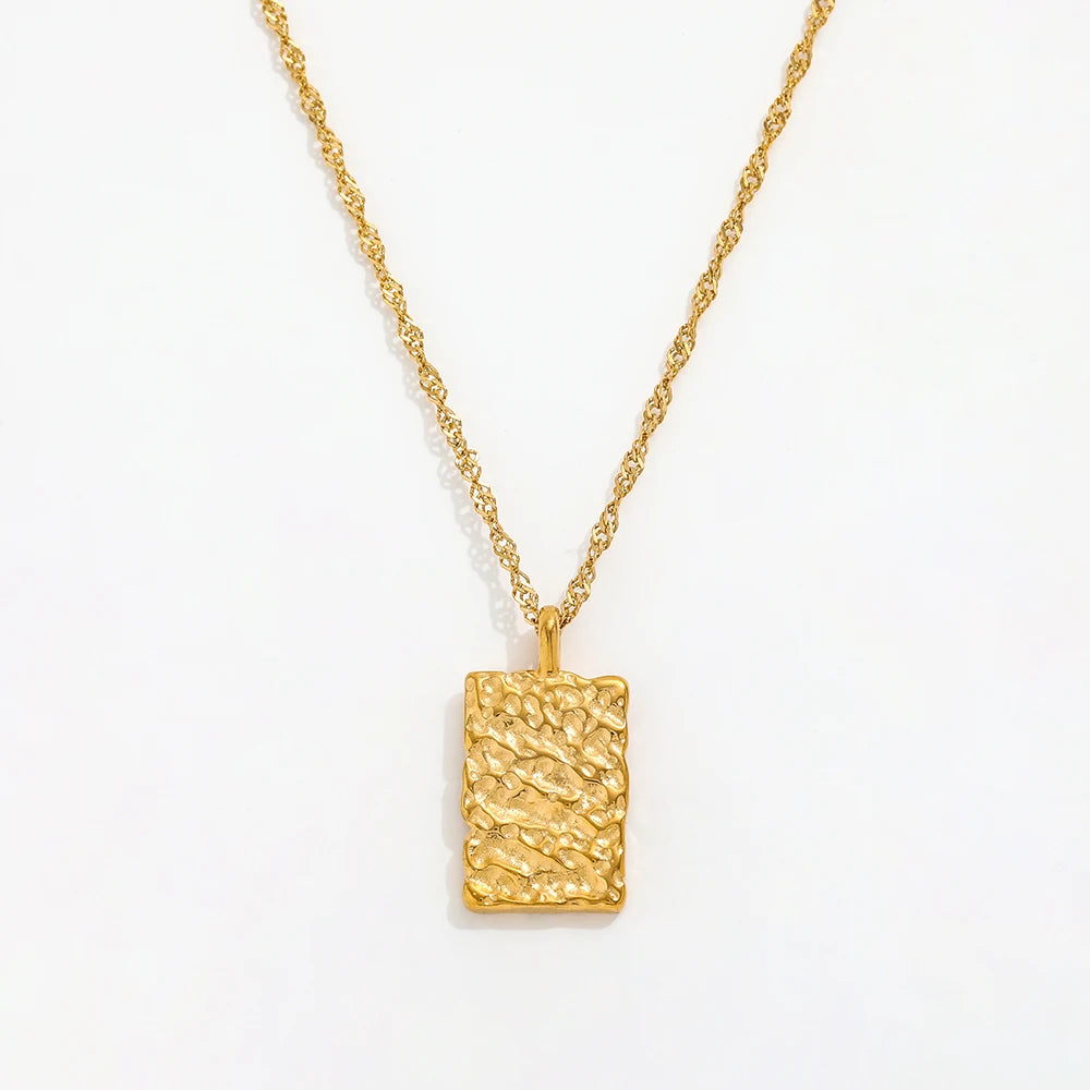 JOOLIM 18K PVD Waterproof Tarnish Free Hammered Rectangle Charm Pendant Stainless Steel Necklace MegaBDM