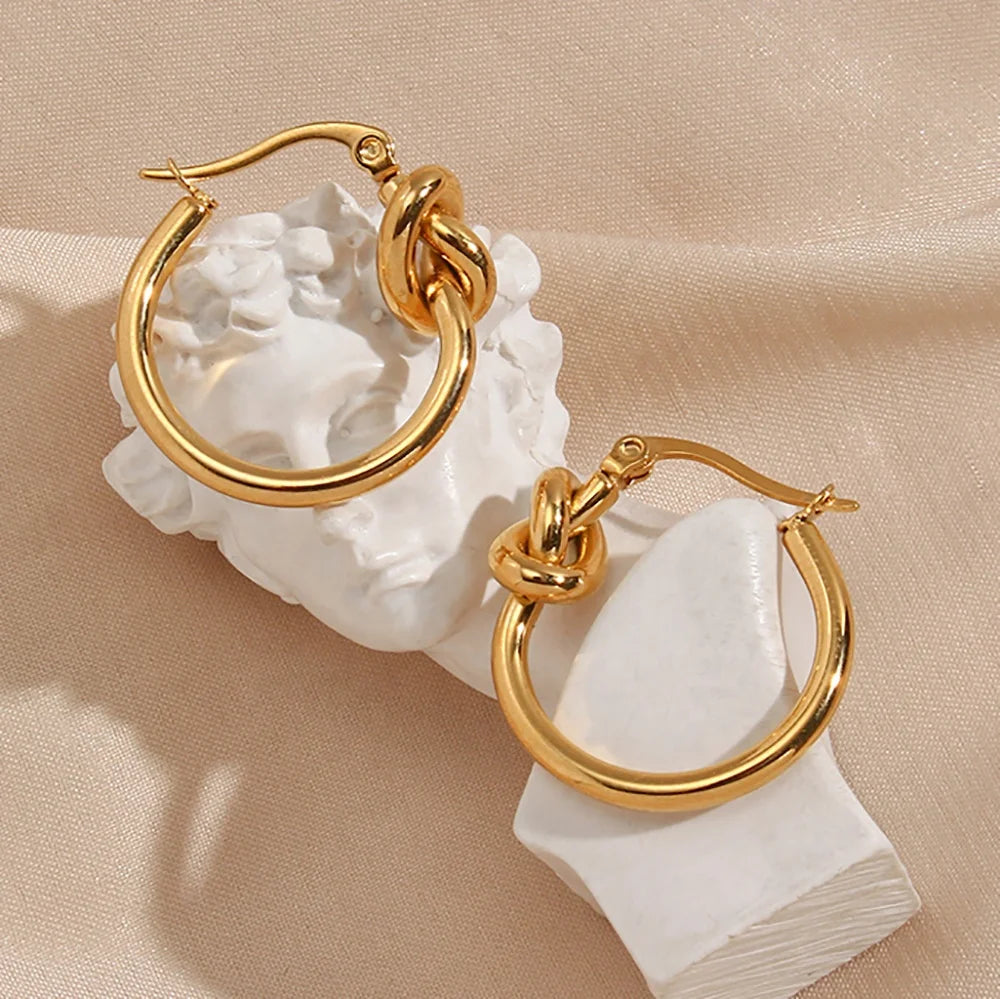 Dreamshow Tarnish Free Stainless Steel 18K Gold Plated Hoop Earrings Knot Gold Hoop Earrings
