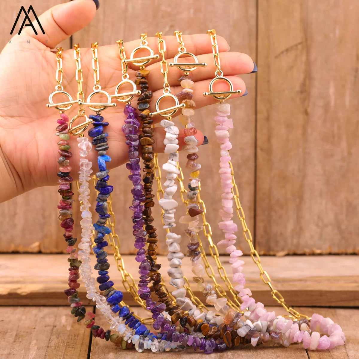 Elegant 18K Gold Filled U Chain Crystal Necklace with Natural Stone Chip Beads Healing Energy Engagement Jewelry Gift