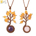CSJA Wholesale Handmade Braided Healing Tree Rope Wrap Cabochon Pendant Natural Crystal Necklace G991