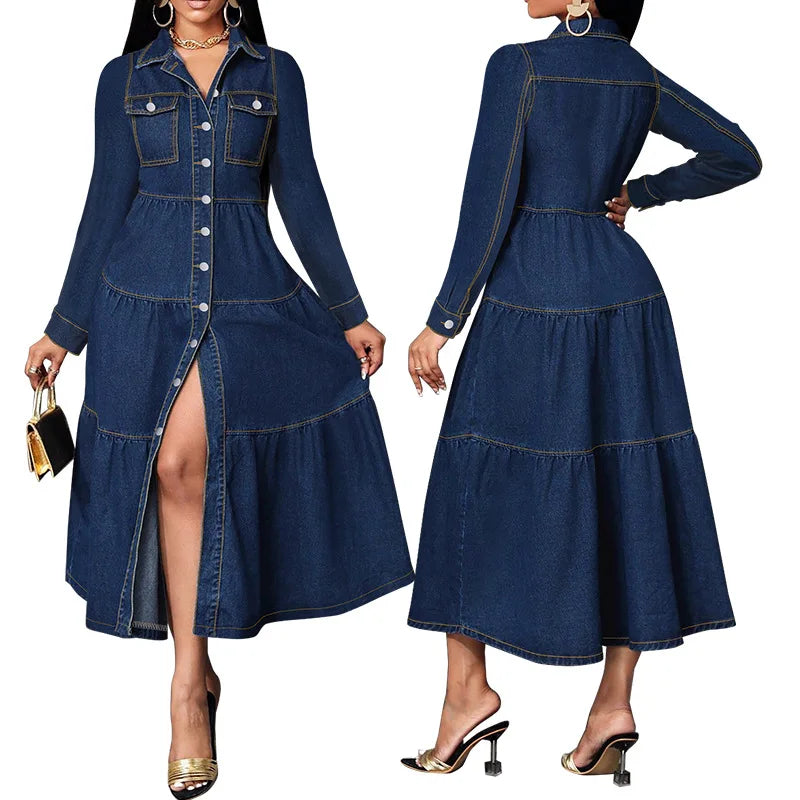 Y218620 High-Quality Fall Plus Size Jeans Dresses Women Casual Elegant Long Sleeve Single Breasted Long Denim Dresses for Women