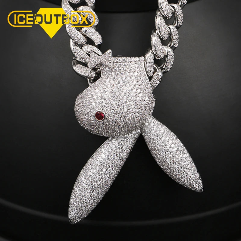 Gold Plated Brass Iced Out Cartoon Rabbit Pendant Necklace Chain Bling Cubic Zirconia Hip Hop Jewelry for Men