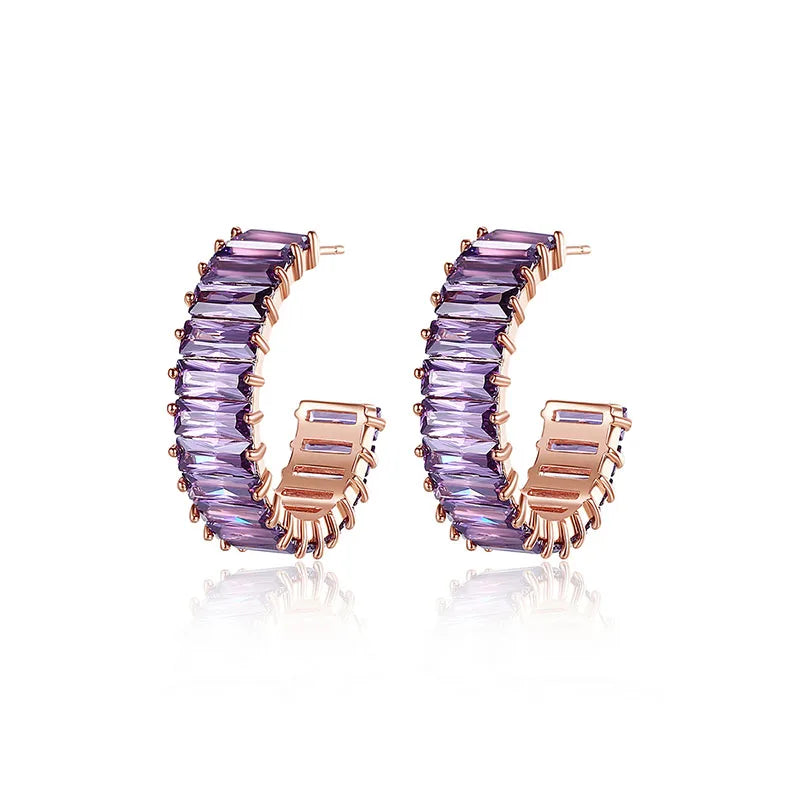 LUOTEEMI Ladies Geometric Square Zircon Princess Cutting Bar Setting Trendy Big Hoop Clip Earrings Jewelry